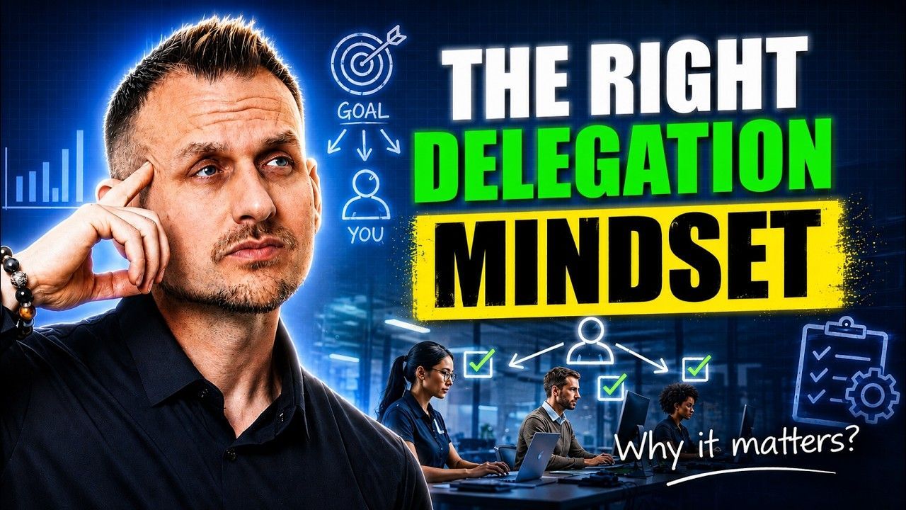 Man beside bold text “The Right Delegation Mindset” on blue tech-themed background with icons and checklist