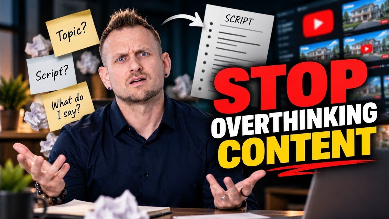 A man with a puzzled expression gestures with his hands, surrounded by crumpled papers and notes about video content.