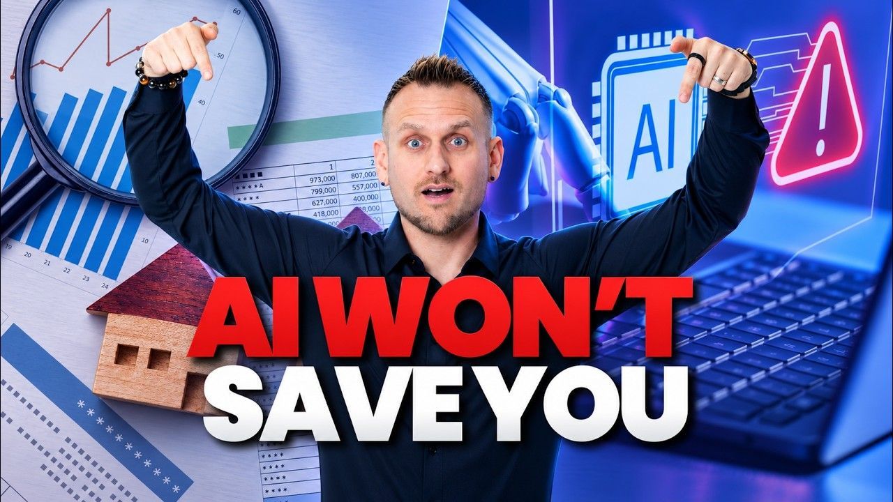 AI Won’t Save You text over man holding cables, with laptop, AI icon, and warning sign on blue background