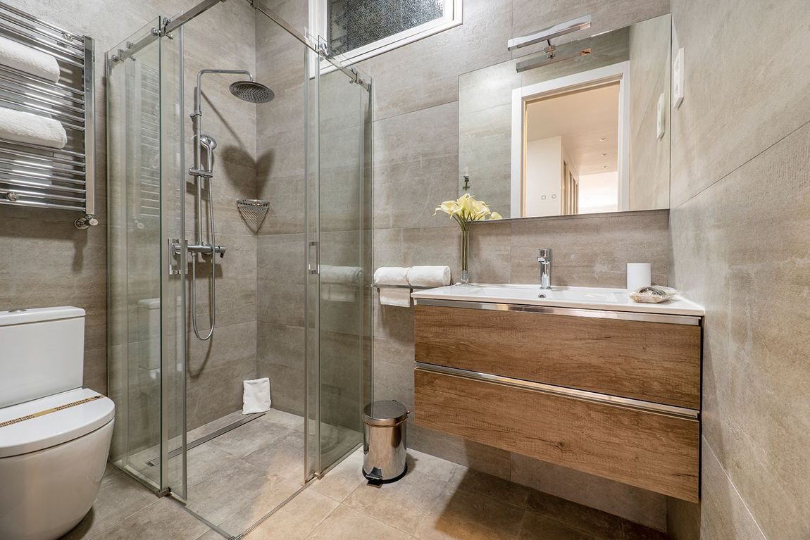 A bathroom with a walk in shower , toilet , sink and mirror.