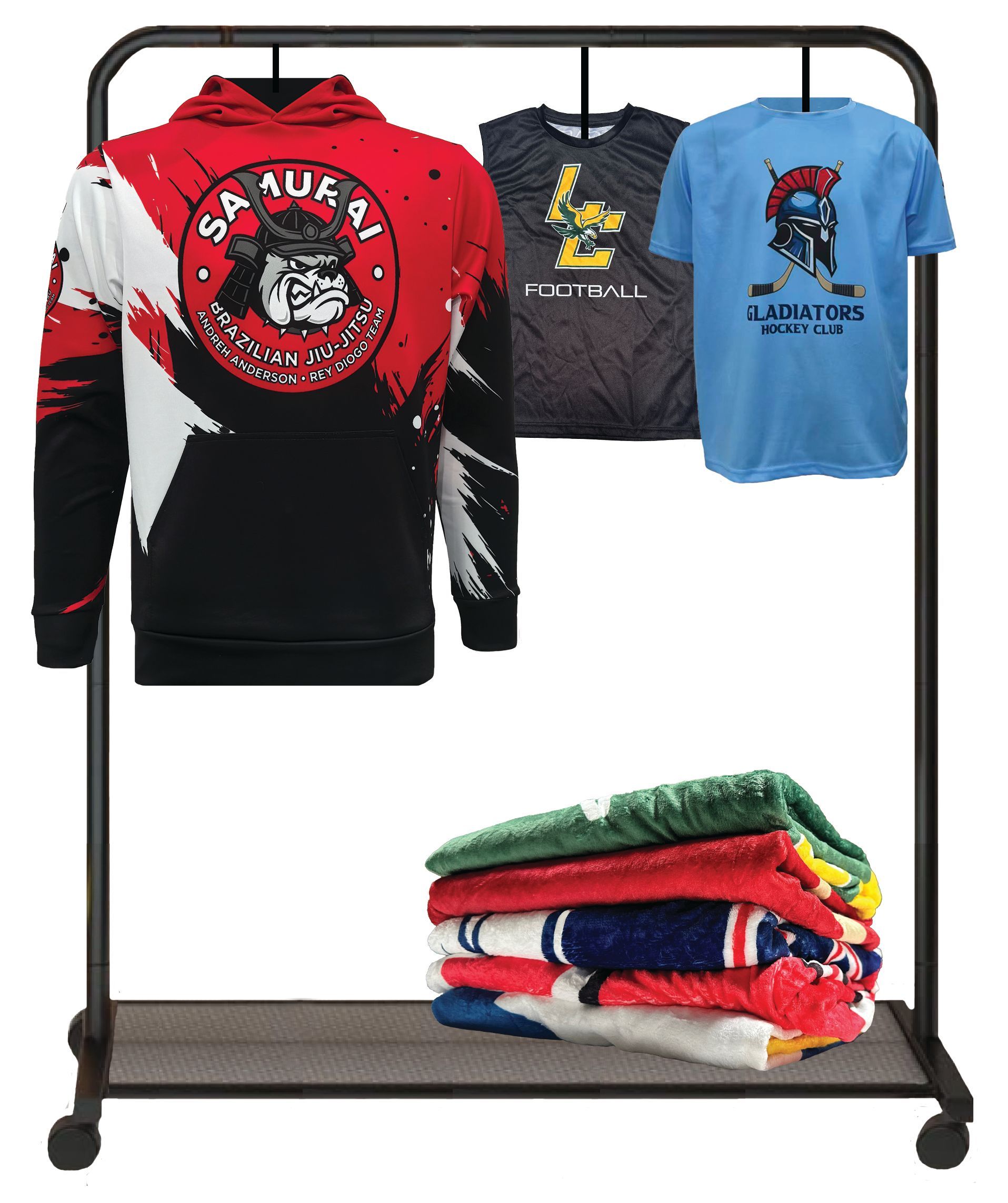 Custom sublimated apparel on premium polyester fabric like t-shirts, uniforms, polos, hoodies, bags, backpacks and blankets.