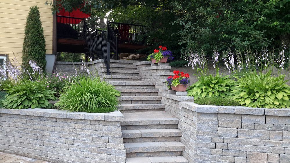 Un ensemble d'escaliers menant à une maison entourée de plantes et de fleurs.