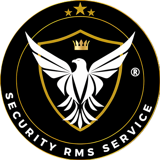 Black and gold security service logo with eagle, shield, crown, and text