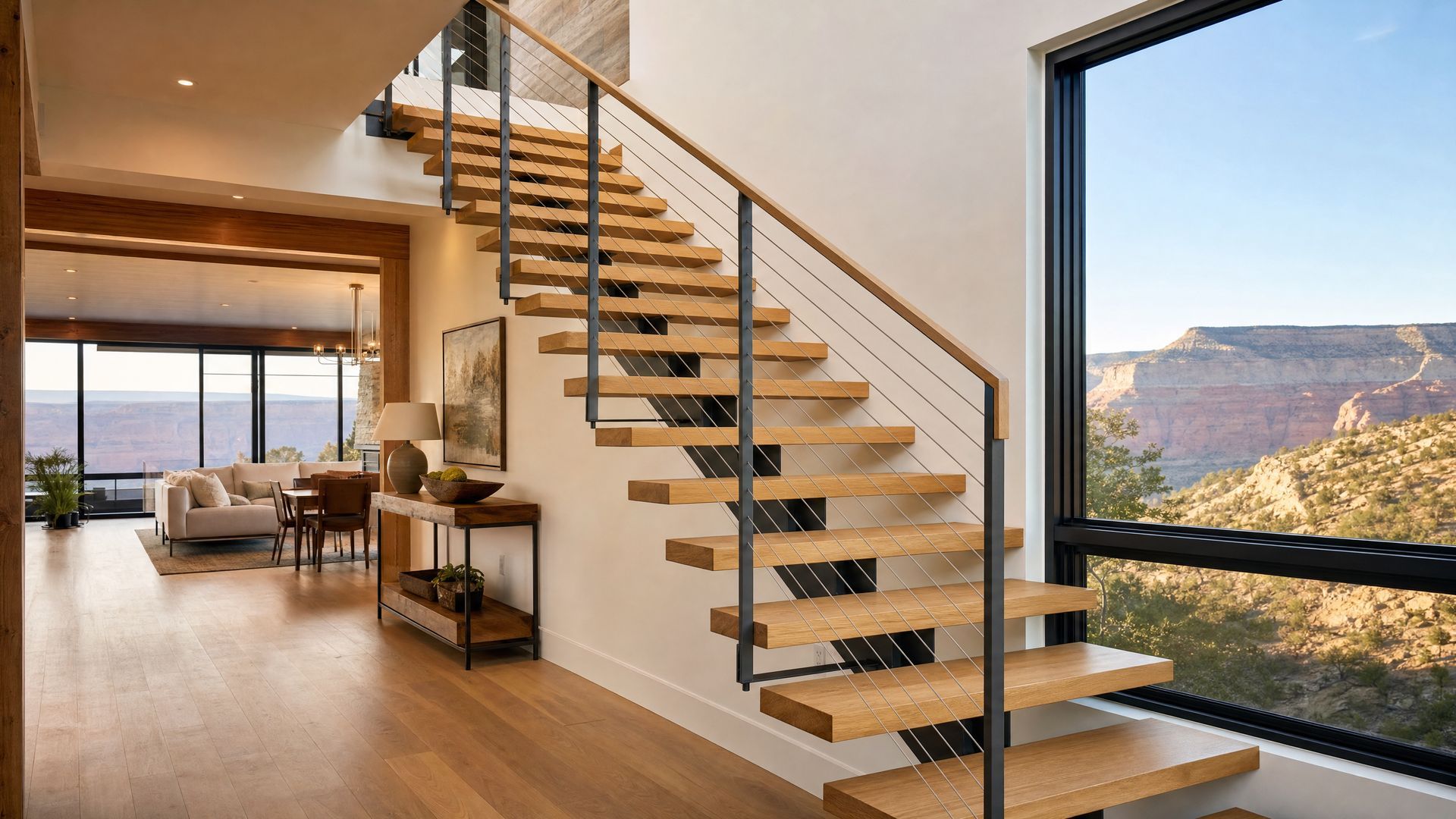 Modern living room with open staircase, wood floors, and large windows overlooking a canyon