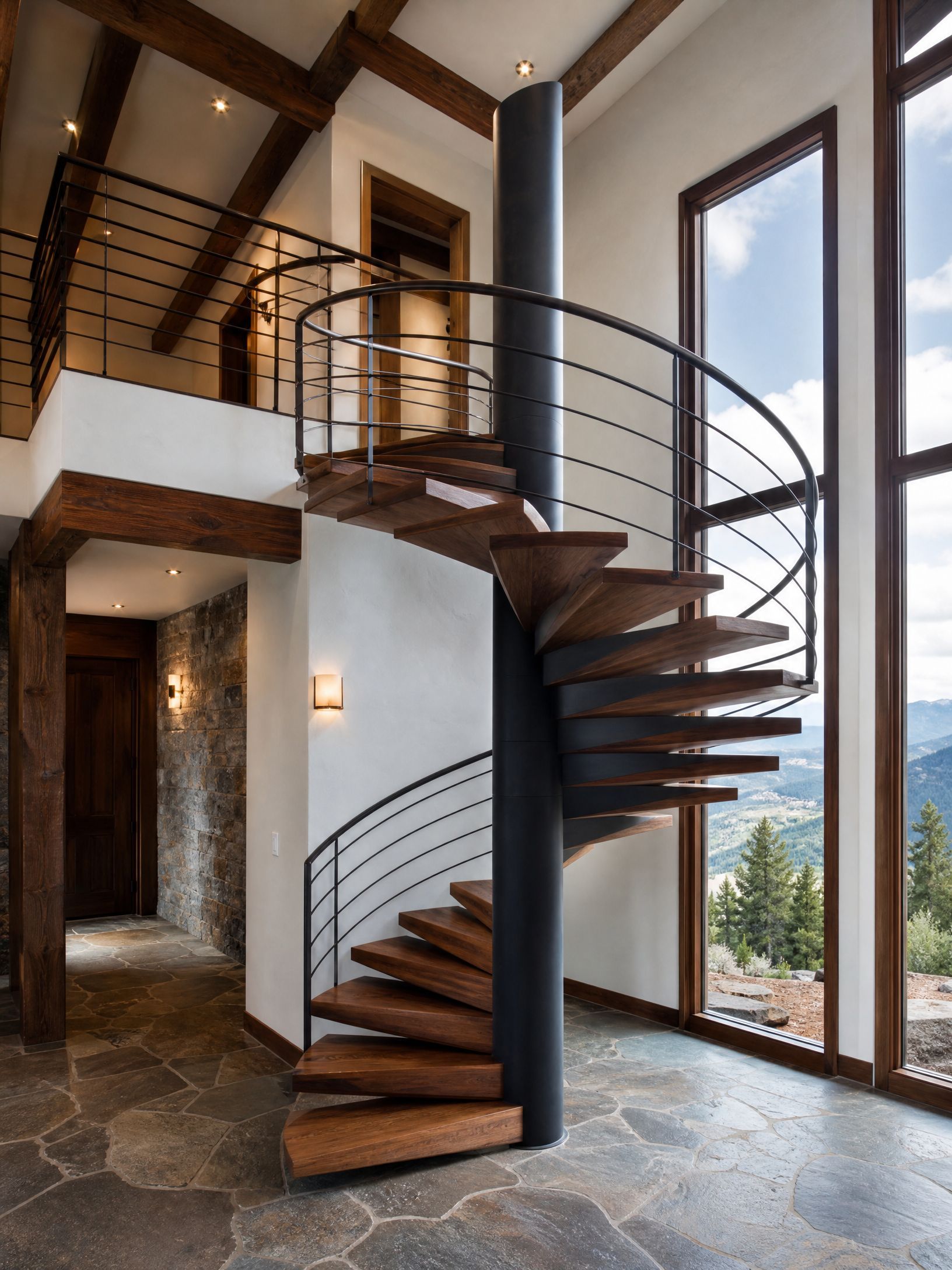 Modern interior with a spiral wooden staircase, stone floor, and tall windows overlooking a mountain view