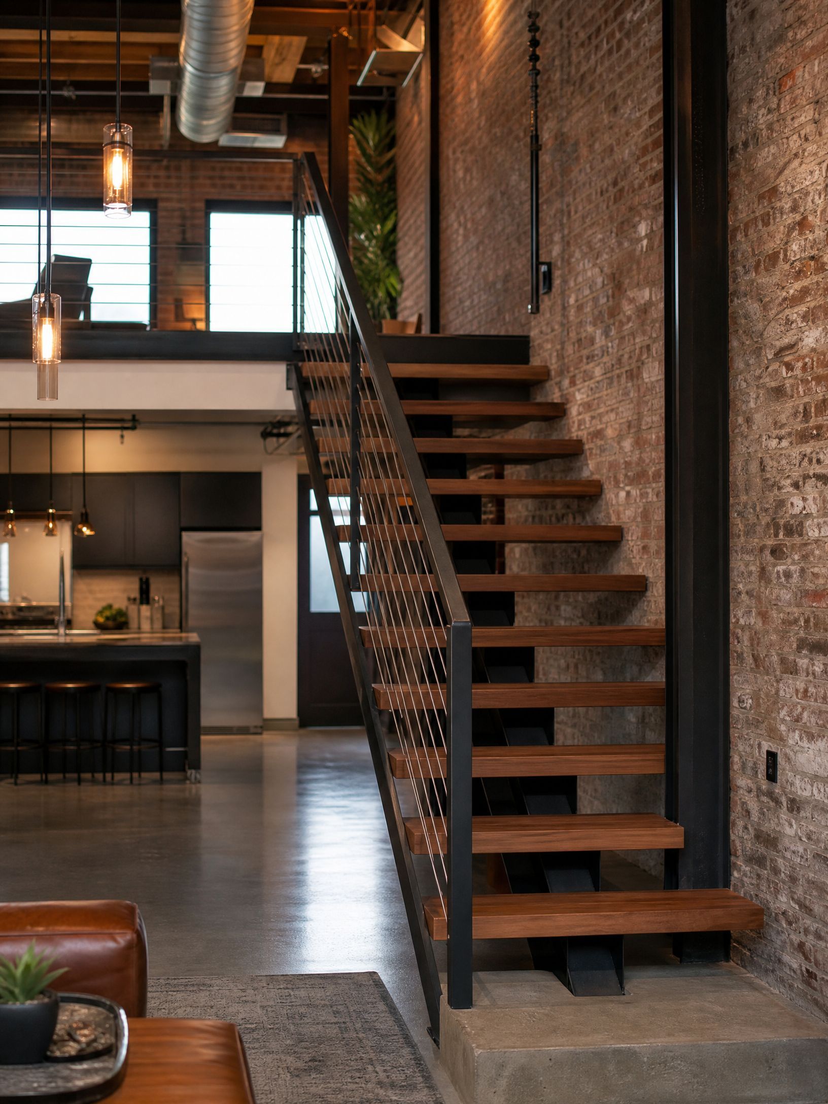 Loft interior with wooden staircase, brick walls, and open kitchen under industrial lighting