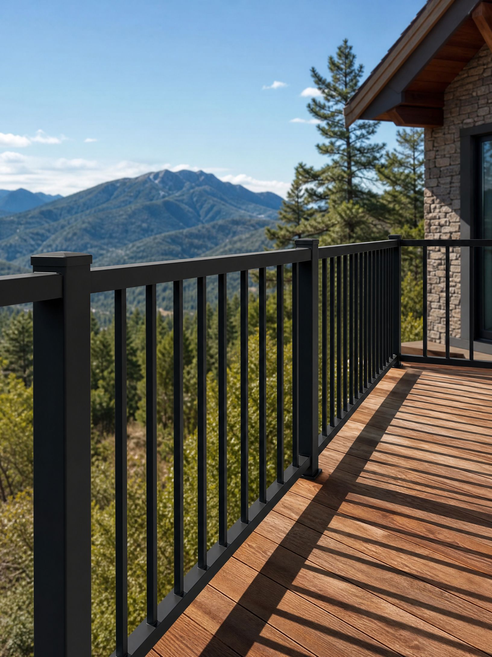 Mountain view from a balcony with black railing and brick wall in sunlight