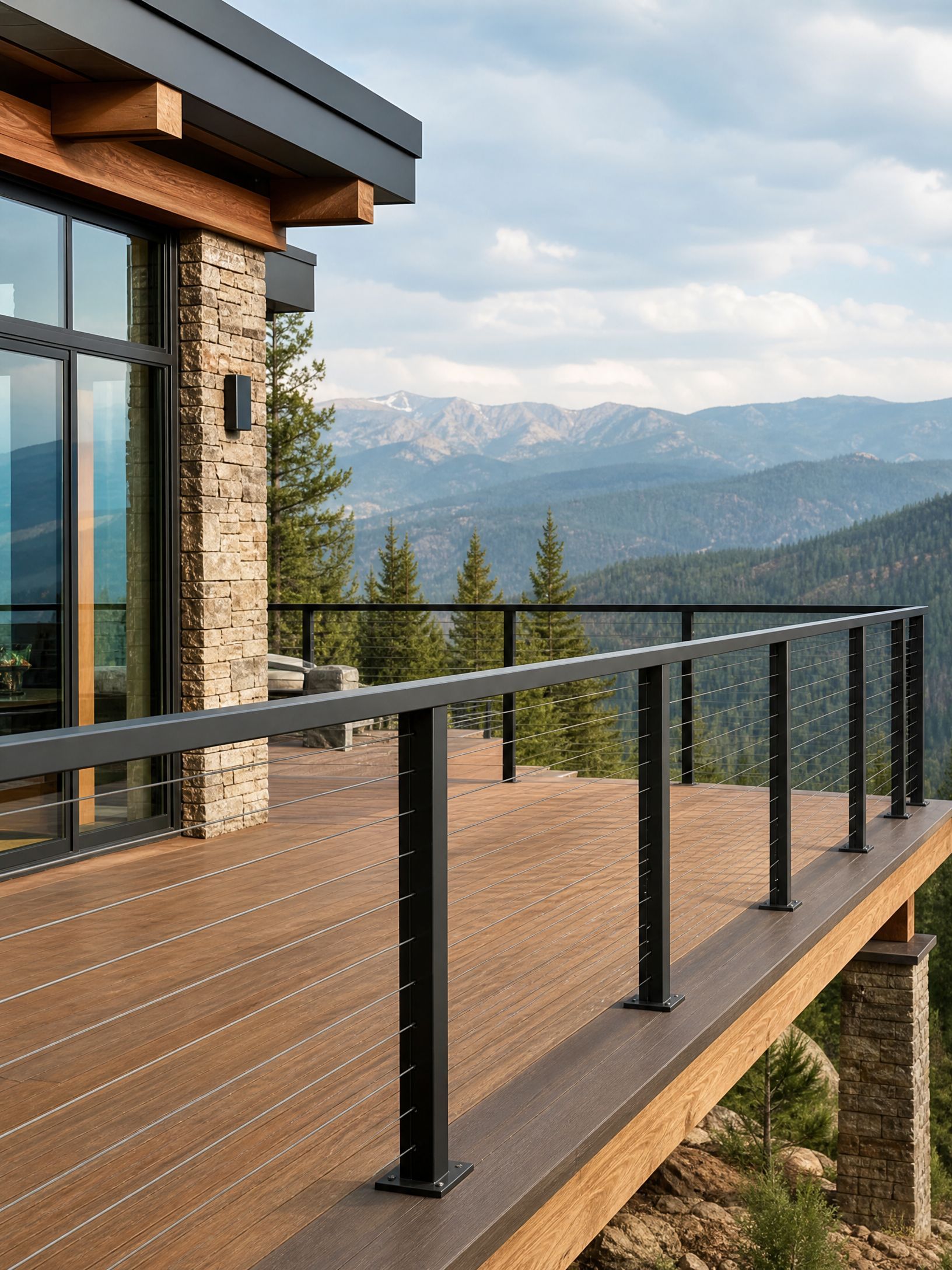 Modern deck with black railing overlooking a forested mountain landscape and distant peaks