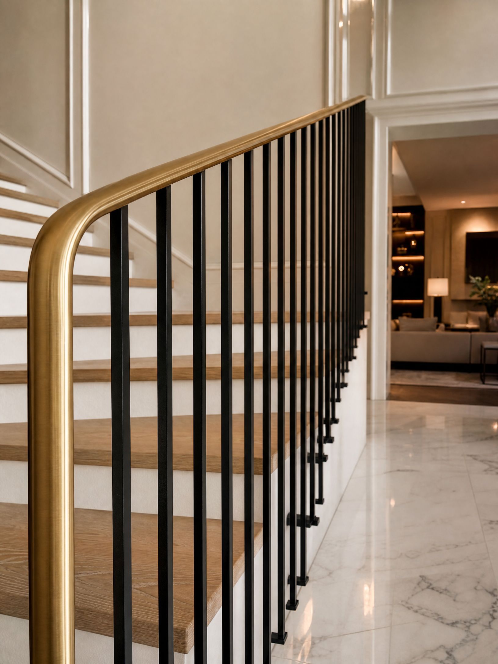 Gold-topped black staircase railing beside marble floor in a bright, elegant interior
