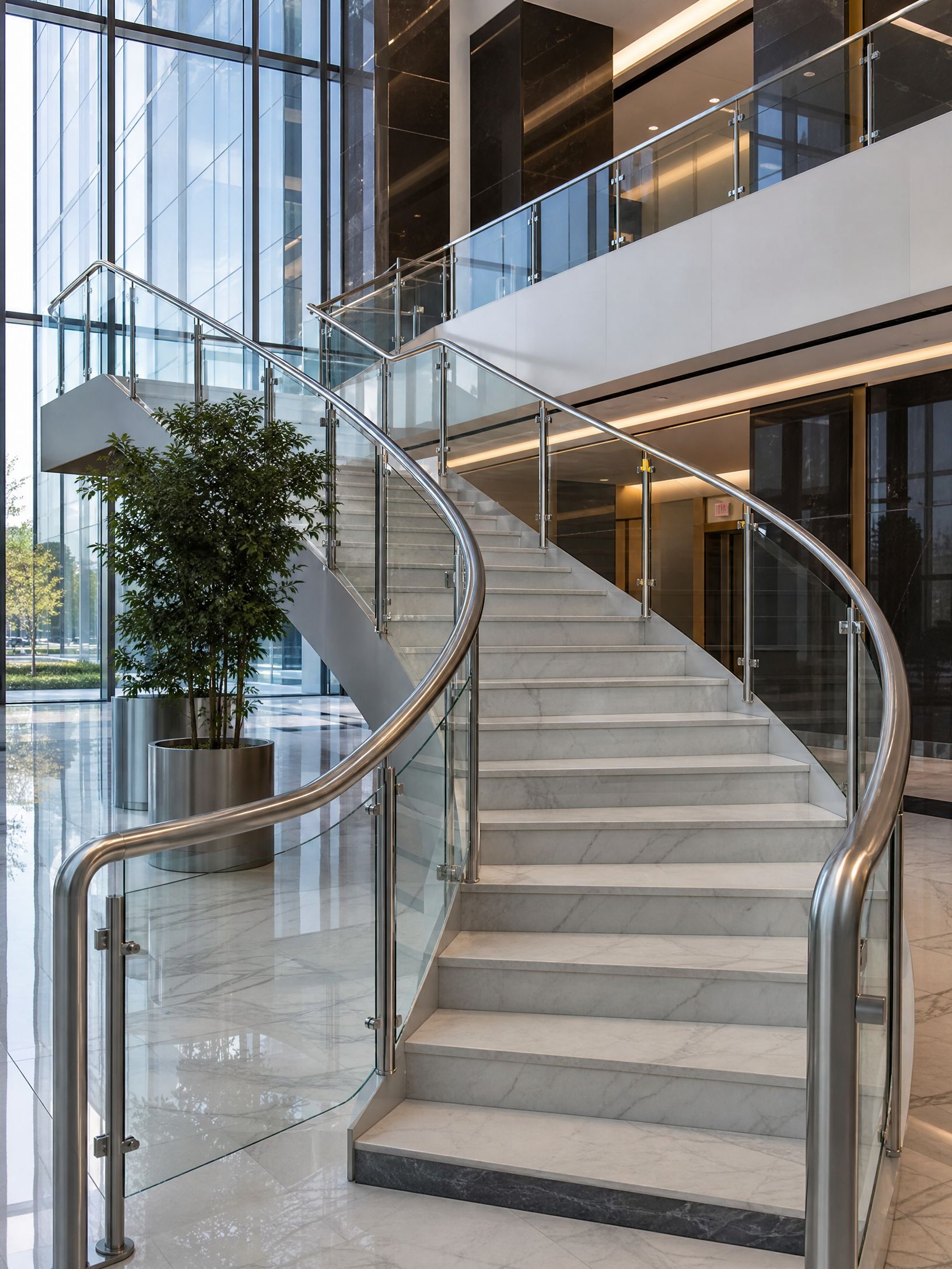 Modern glass atrium staircase with curved railings and a potted tree