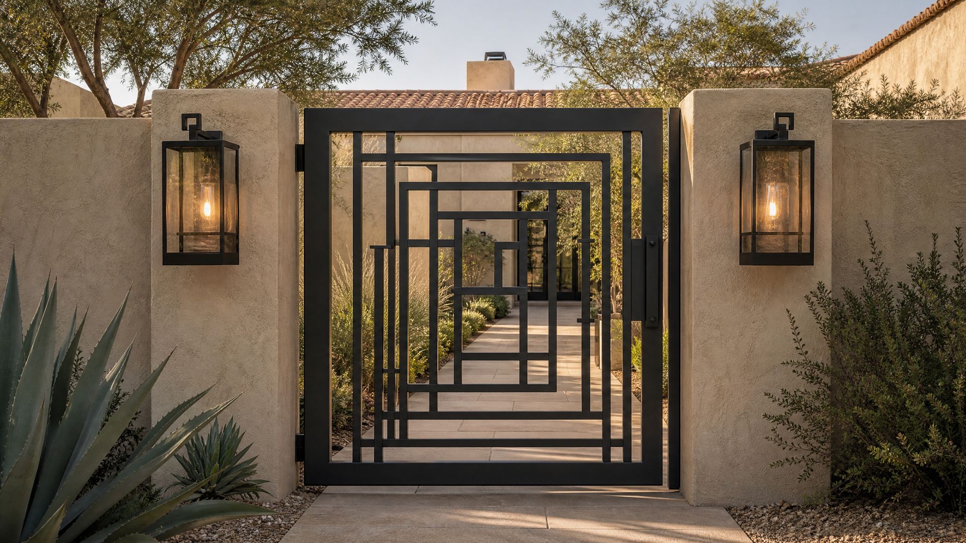 Modern desert-style gate framed by stucco walls and lanterns, with geometric ironwork and a walkway beyond
