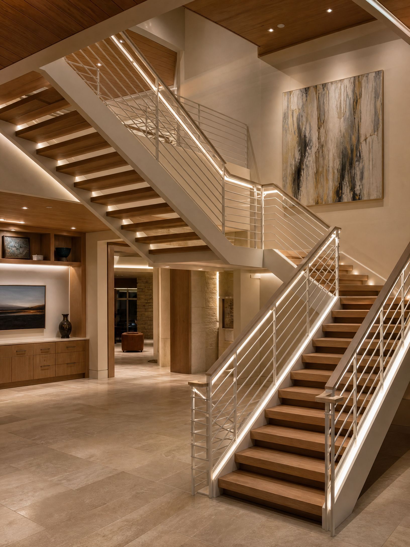 Luxurious interior staircase with wooden steps, glass railings, and warm lighting in a modern home