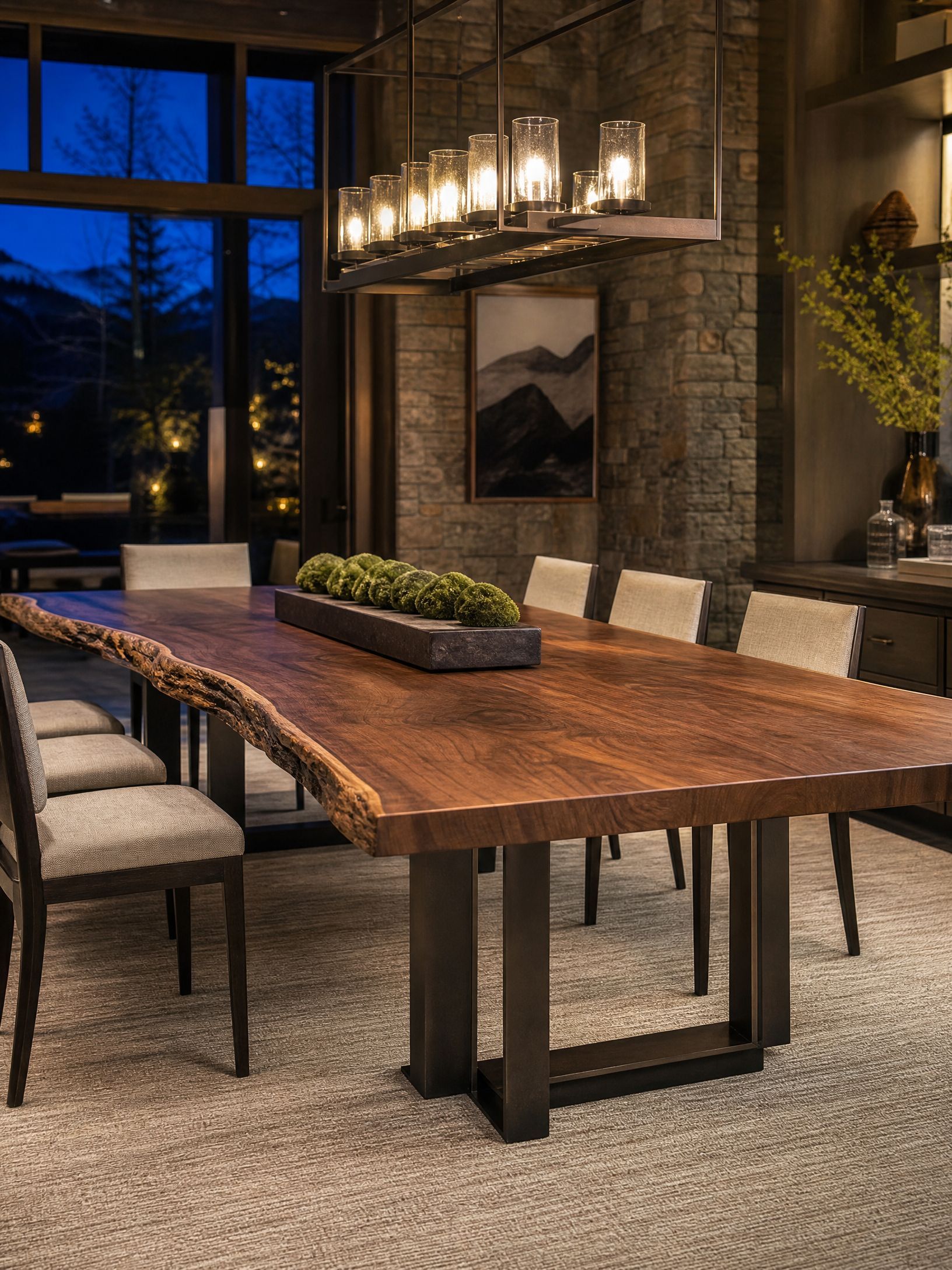 Rustic dining room with a long wooden table, cushioned chairs, and a hanging chandelier by large windows