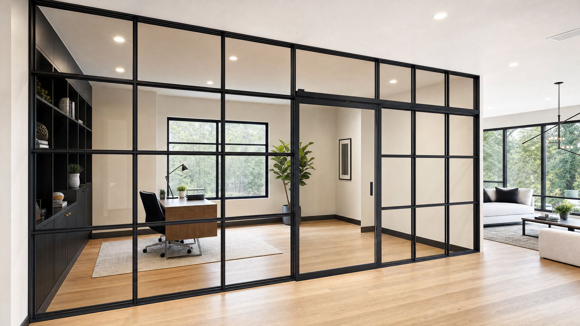 Modern glass-walled home office with black metal frame, desk, chair, and wood floors
