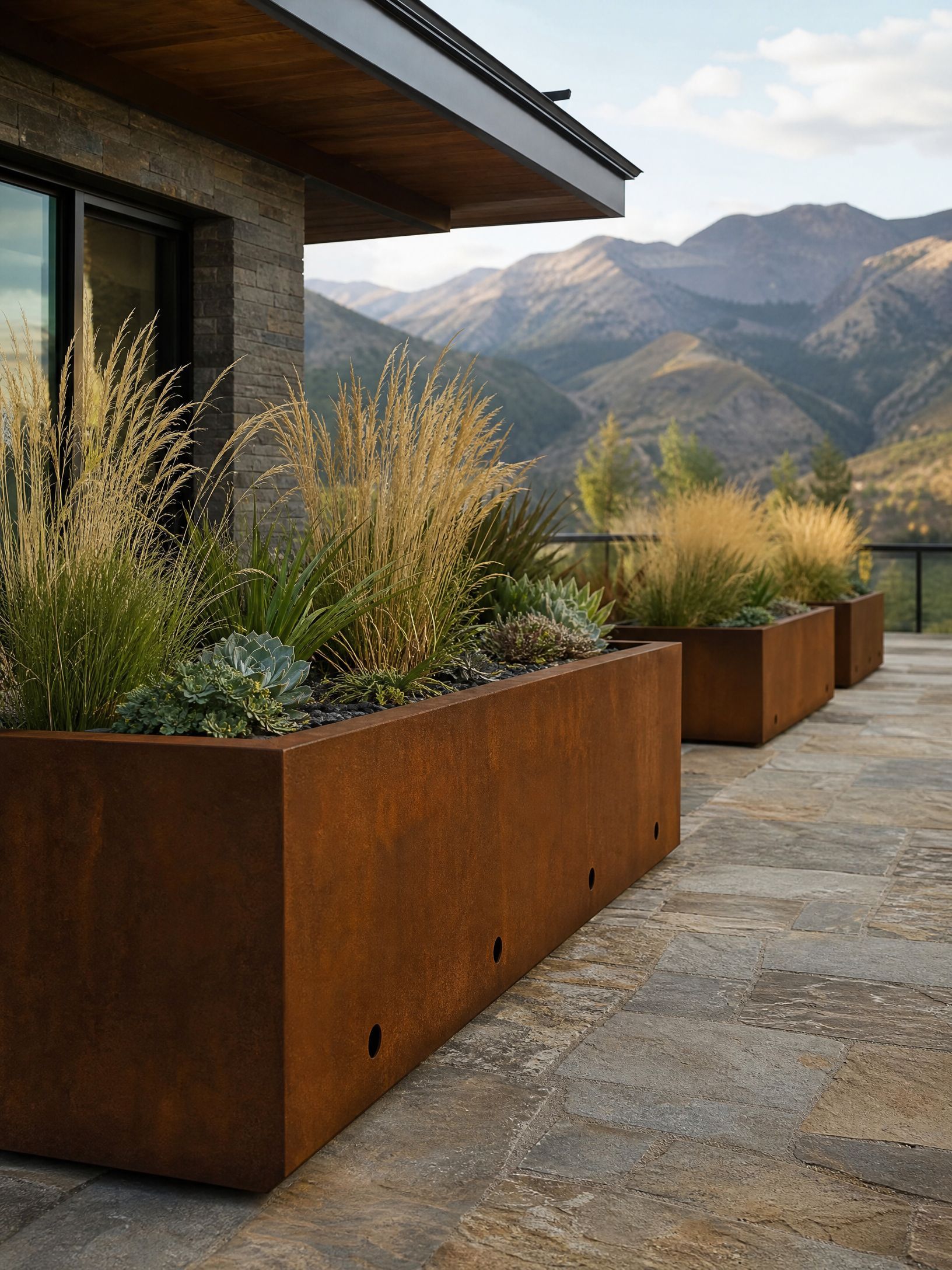 Rust-colored planter boxes with ornamental grasses beside a stone patio, mountains in the background