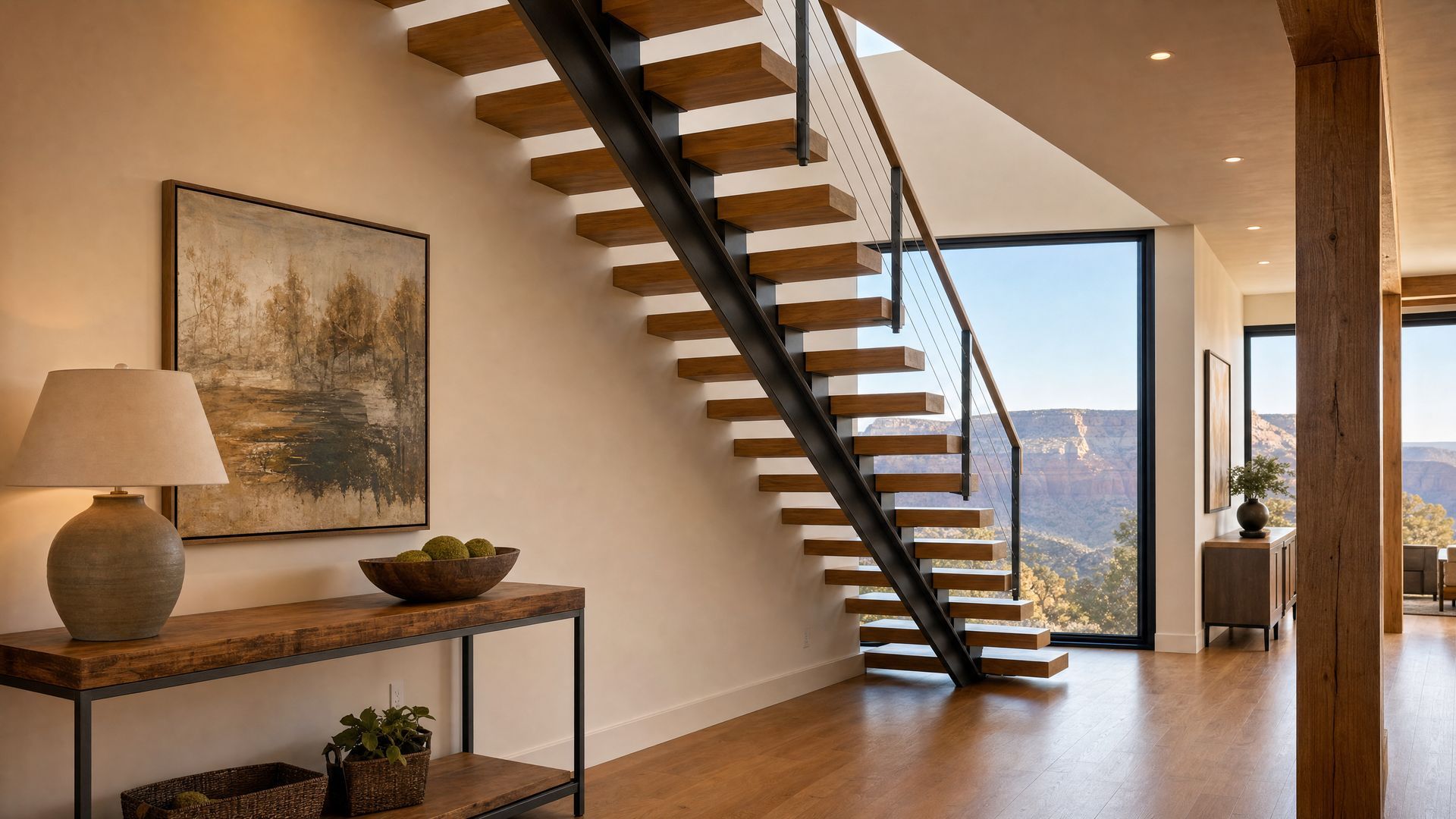 Modern interior with floating staircase, wood floors, console table, and large windows with mountain view