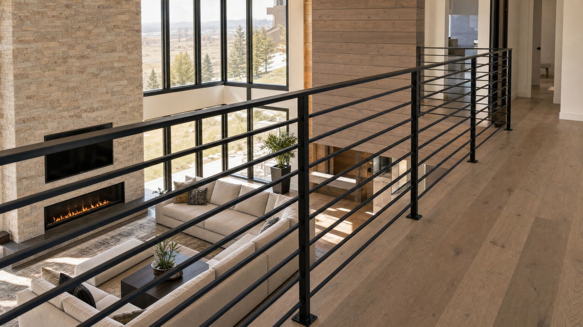 Modern loft interior with black railing, hardwood floor, large windows, and a fireplace below.