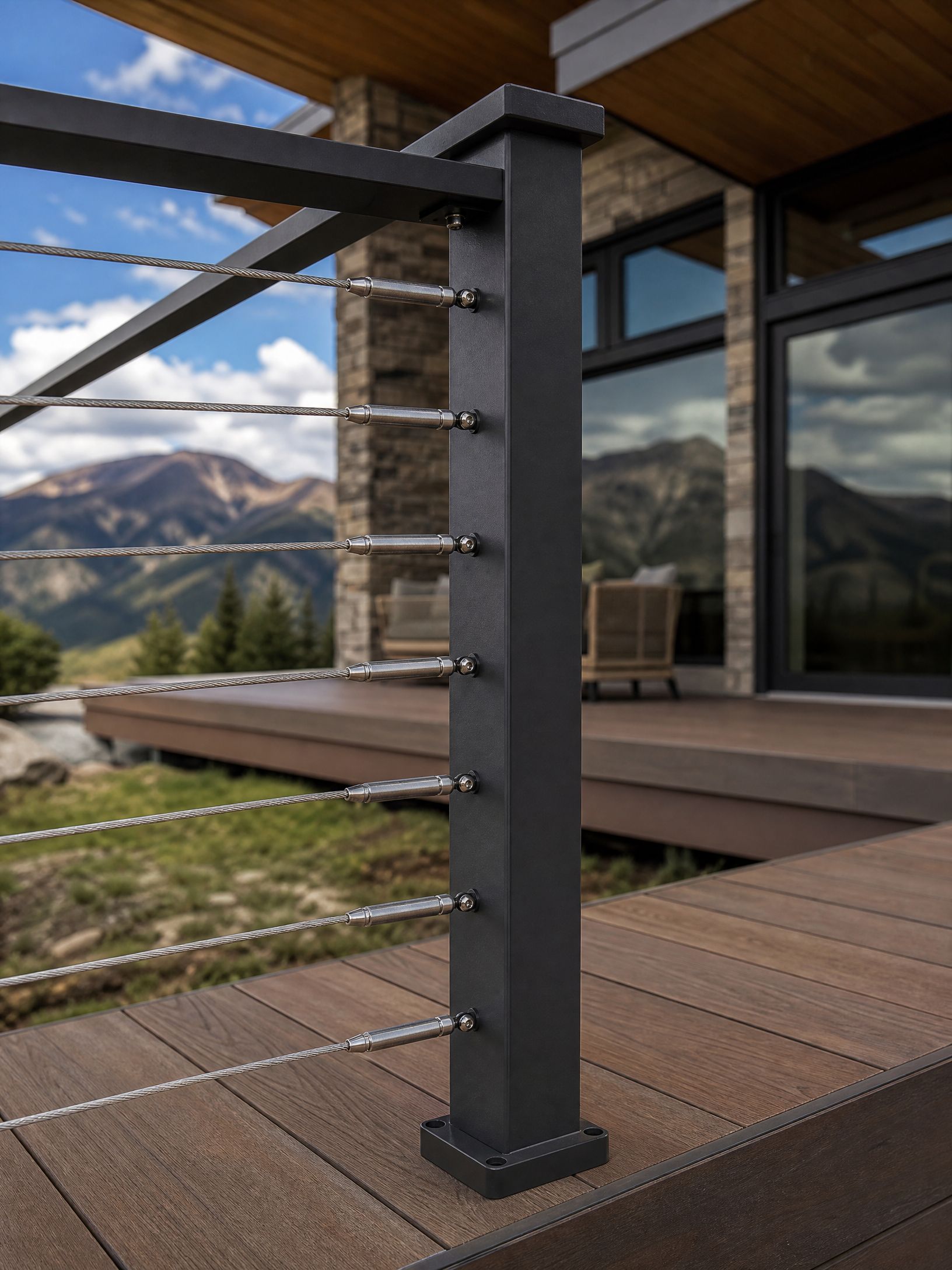 Modern deck railing post with steel cables on a wooden terrace overlooking mountains and sky