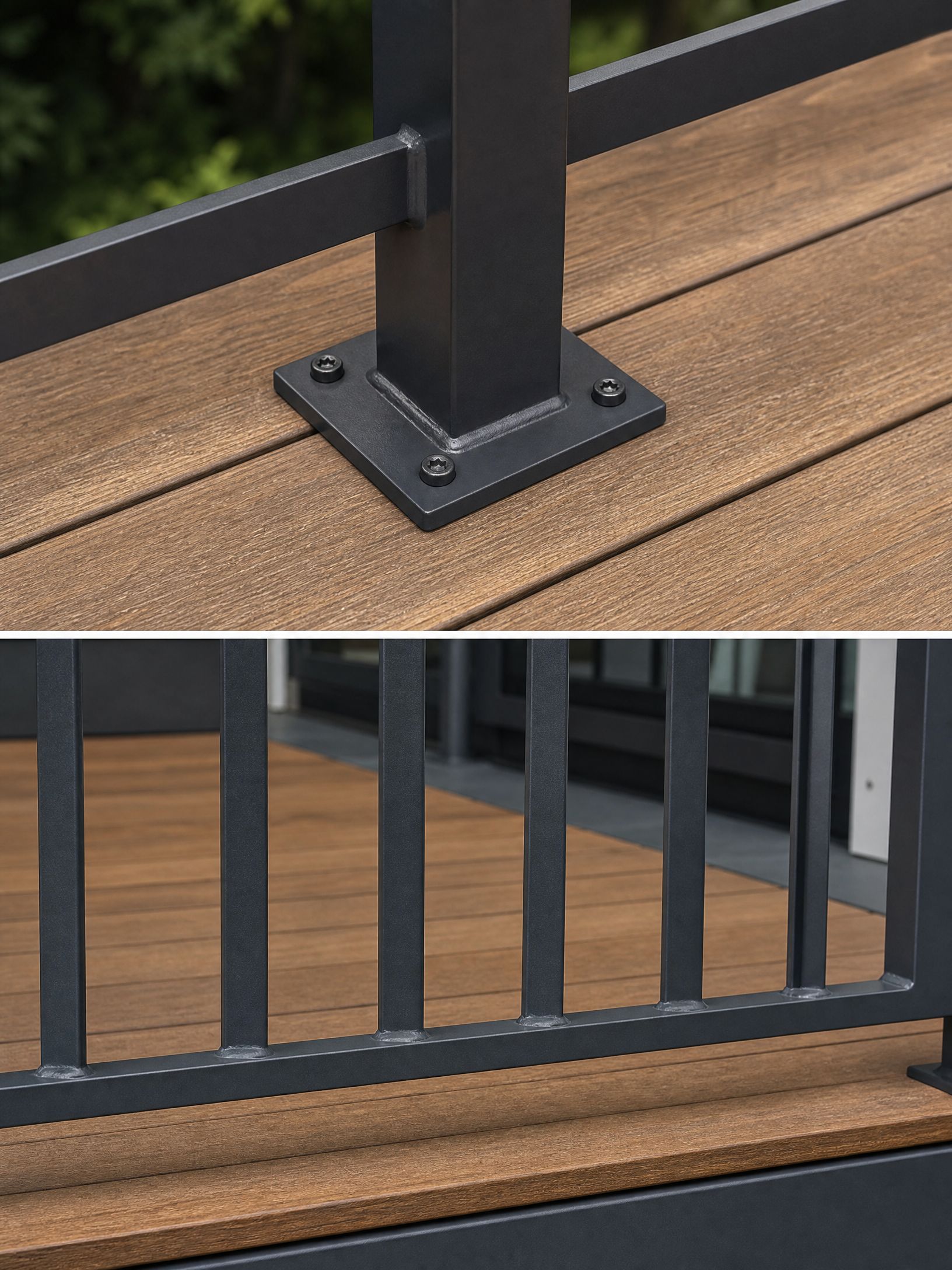 Black metal railing posts bolted to a tan composite deck beside stairs.