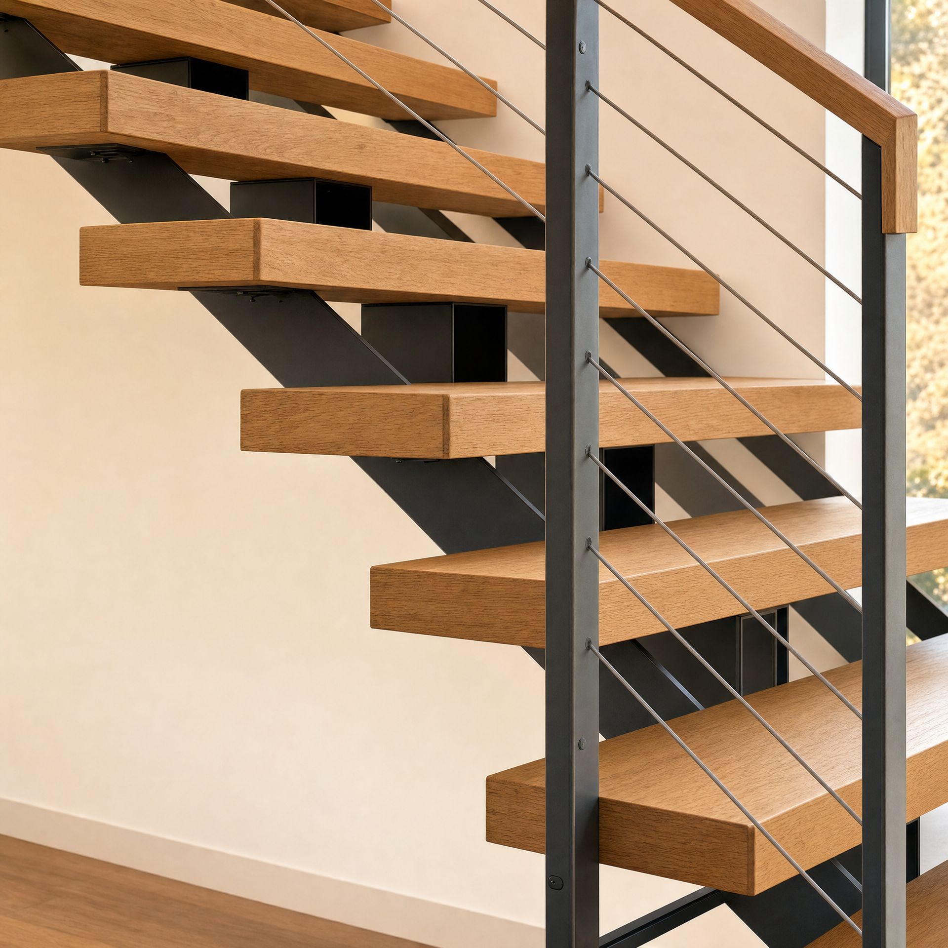 Modern wooden staircase with floating steps, black metal supports, and cable railing against a white wall