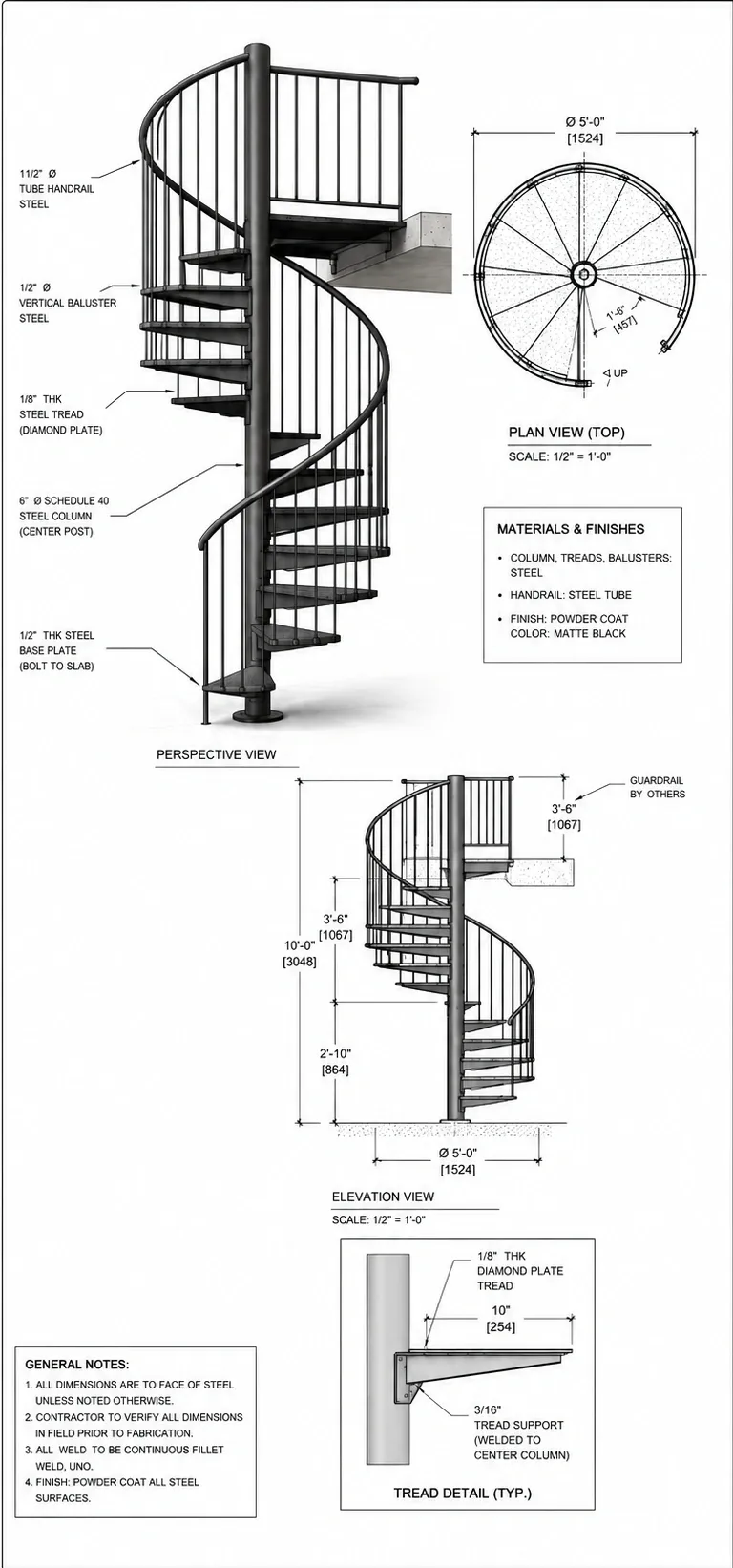 Spiral staircase technical drawing with side, top, and detail views and dimensions
