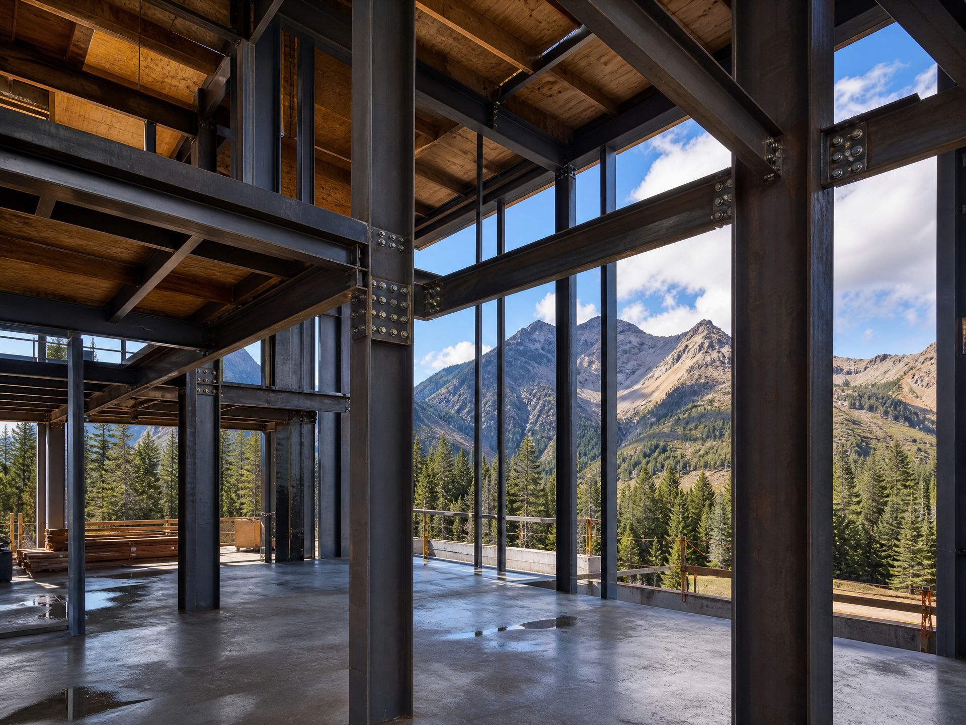 Modern timber-framed pavilion with floor-to-ceiling windows overlooking mountains and trees