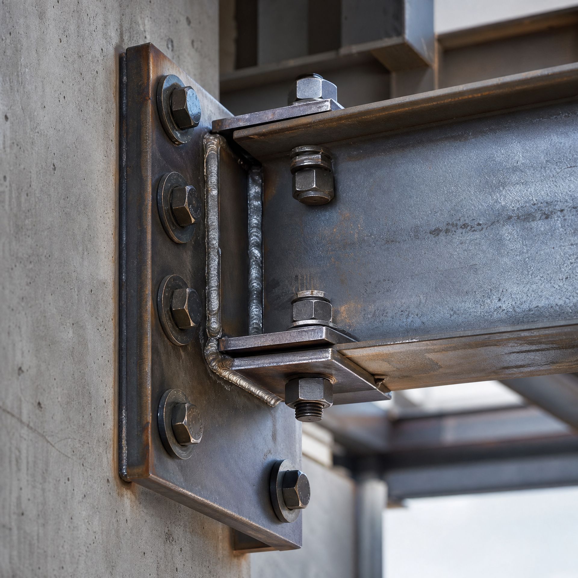 Close-up of a steel beam connection with bolts and a metal bracket on a concrete support.