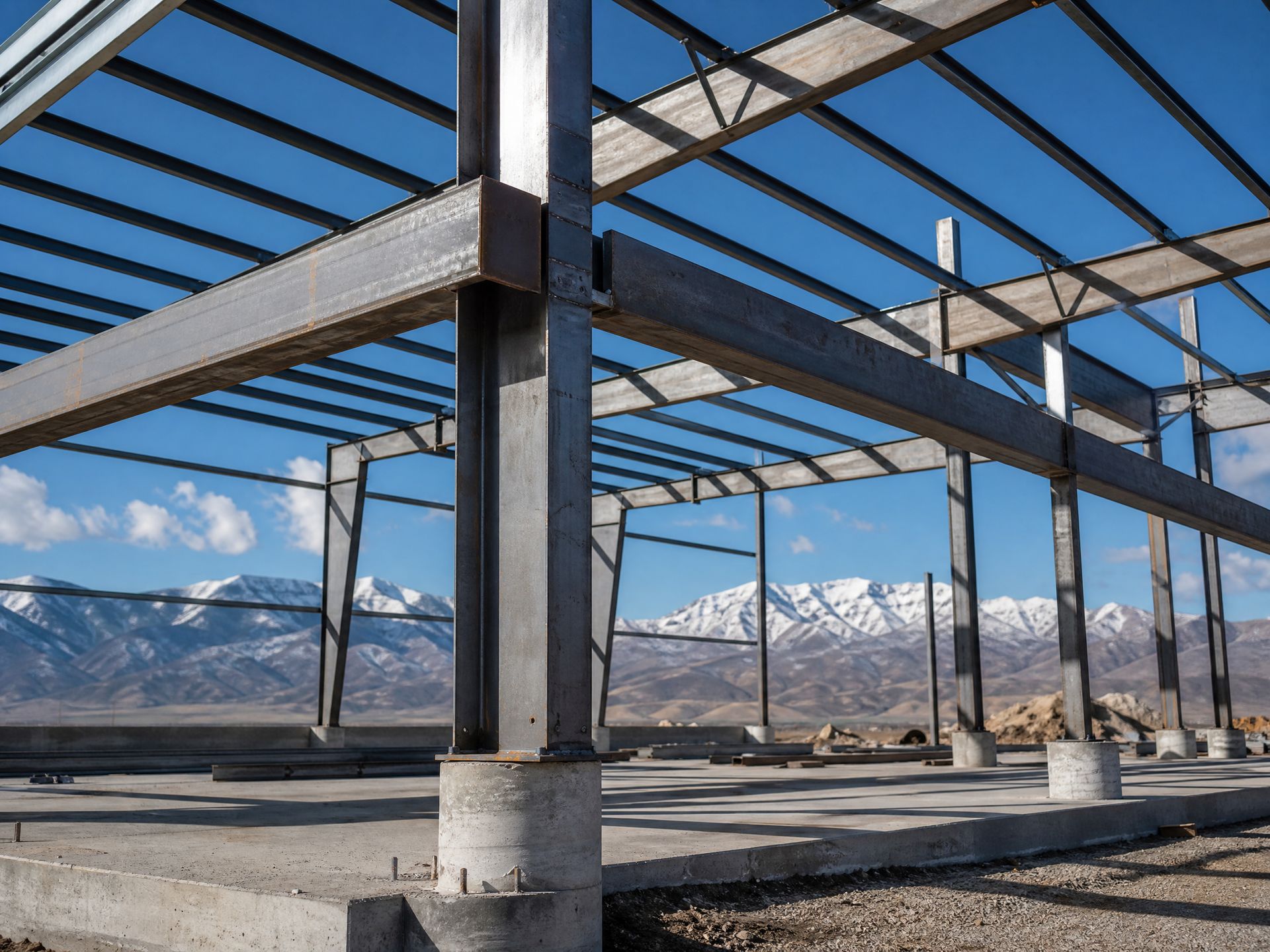Steel building frame under construction with blue sky and snowy mountains in the background
