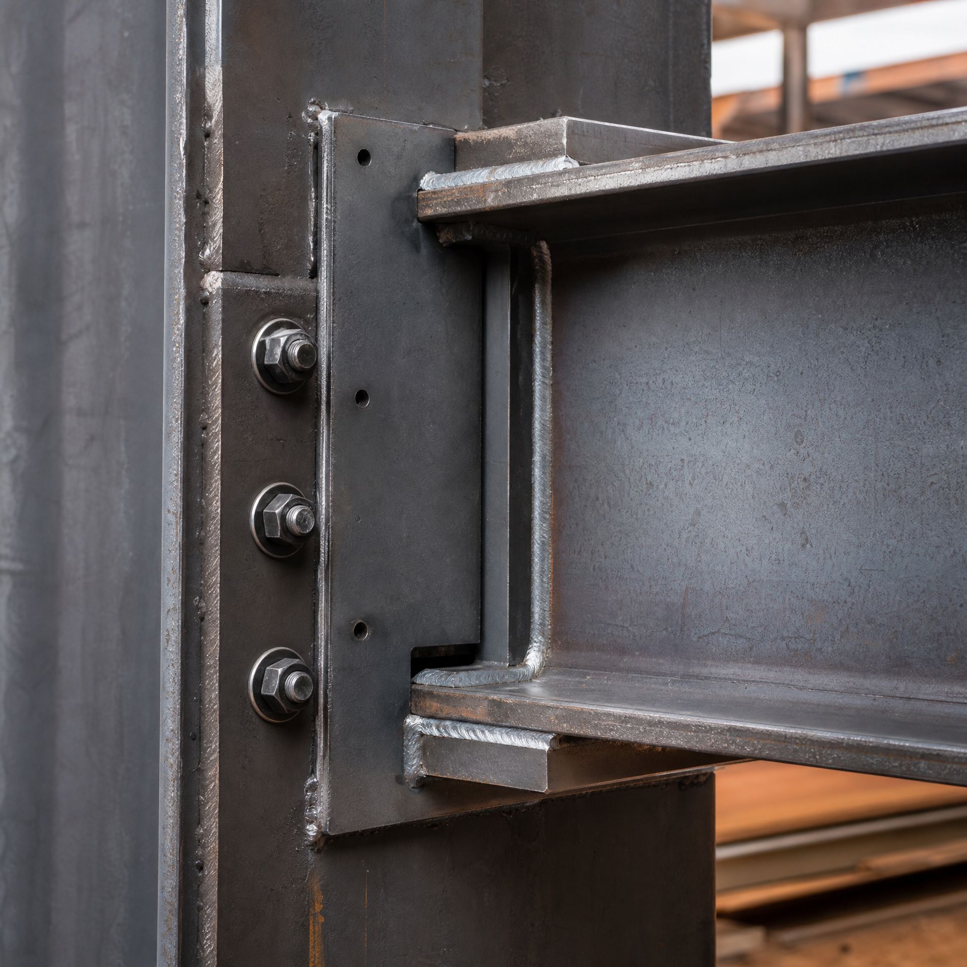 Close-up of a steel I-beam bolted to a dark metal support plate.