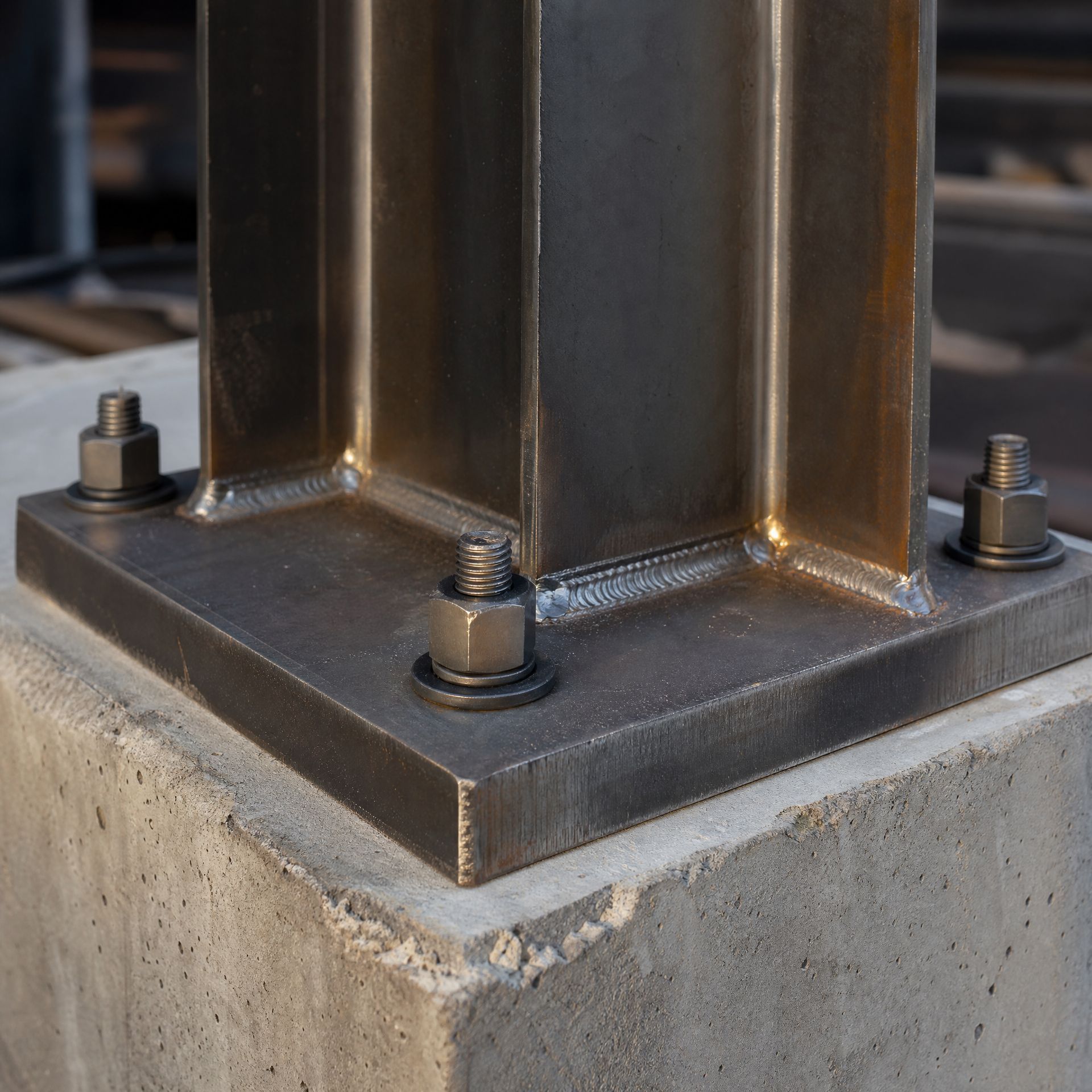 Steel column base plate bolted to a concrete foundation