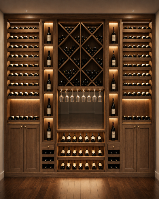 Wooden wine wall with illuminated shelves, bottles, and a central glassware display in a warm cellar setting
