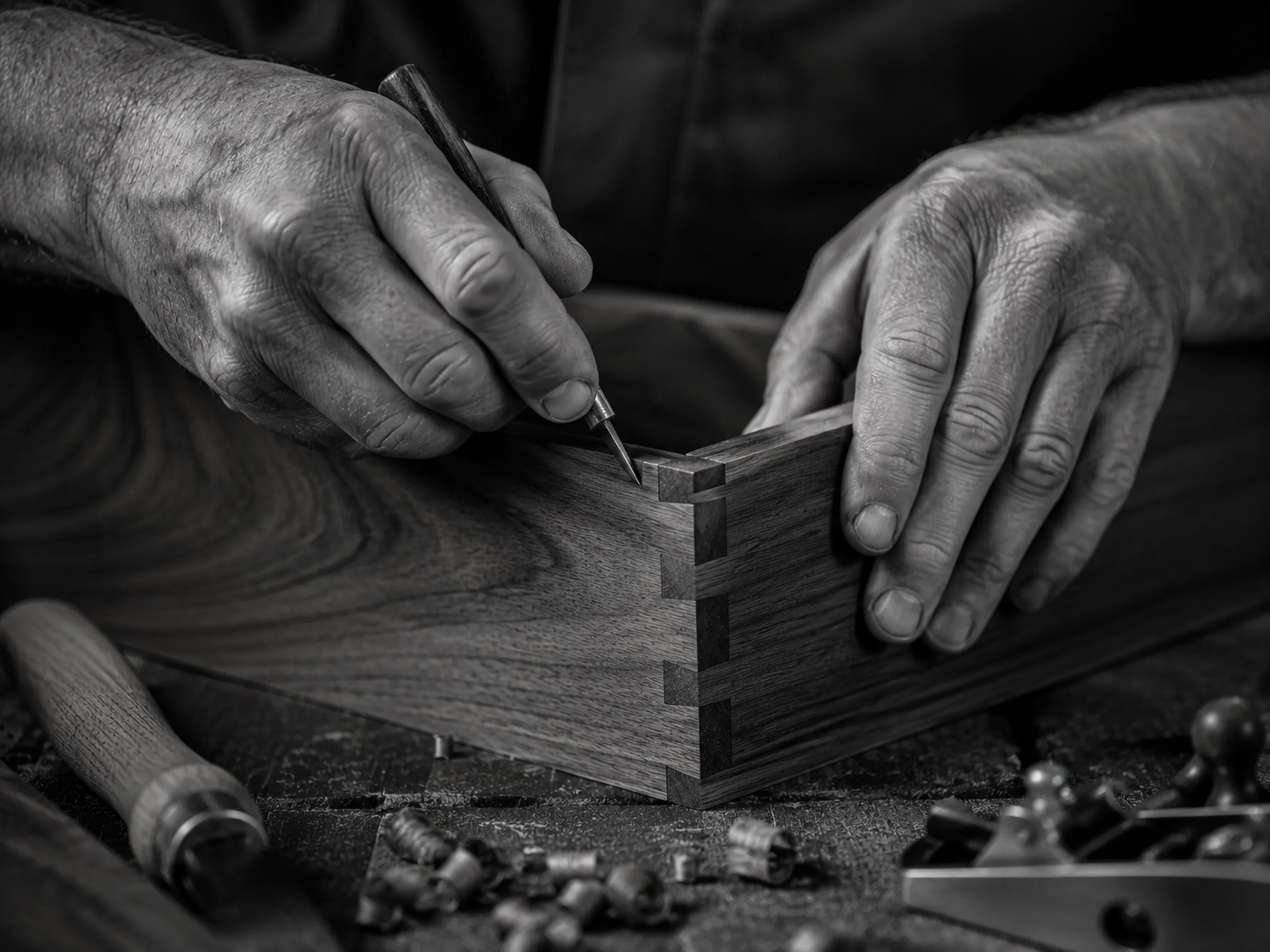 Hands shaping a wooden box, with tools and wood shavings on a workbench