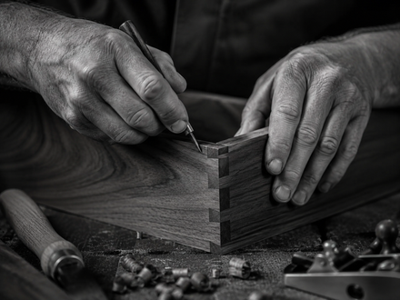 Hands shaping a wooden box, with tools and wood shavings on a workbench