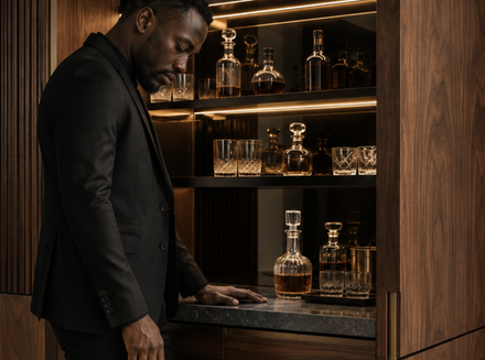 Man adjusting a drawer in a wood-paneled liquor cabinet with glass decanters and bottles inside