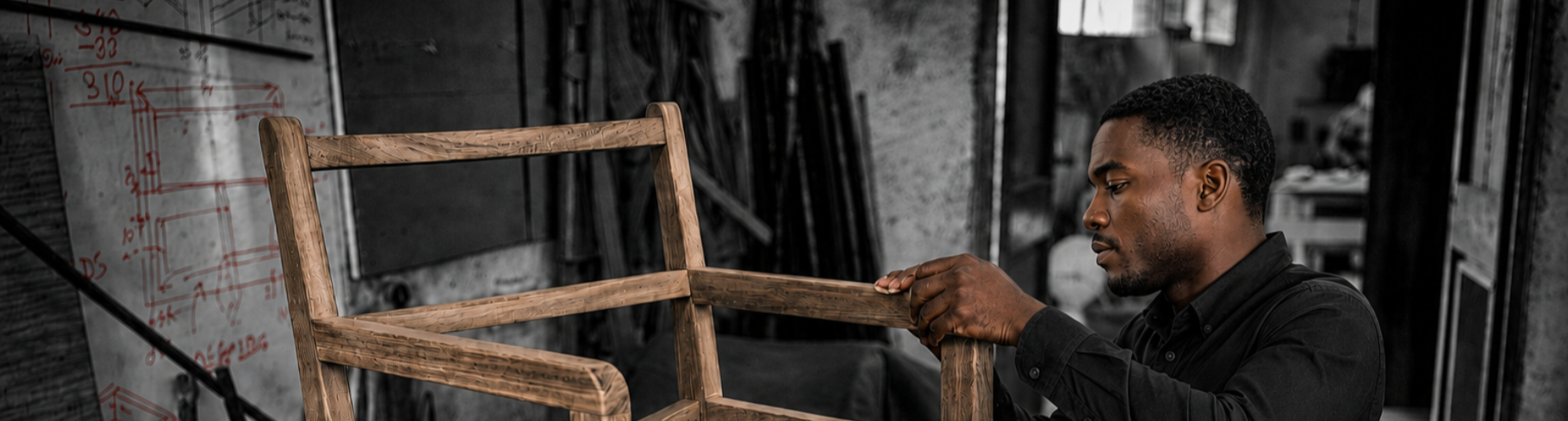 A man paints a wooden chair frame in a dim workshop.