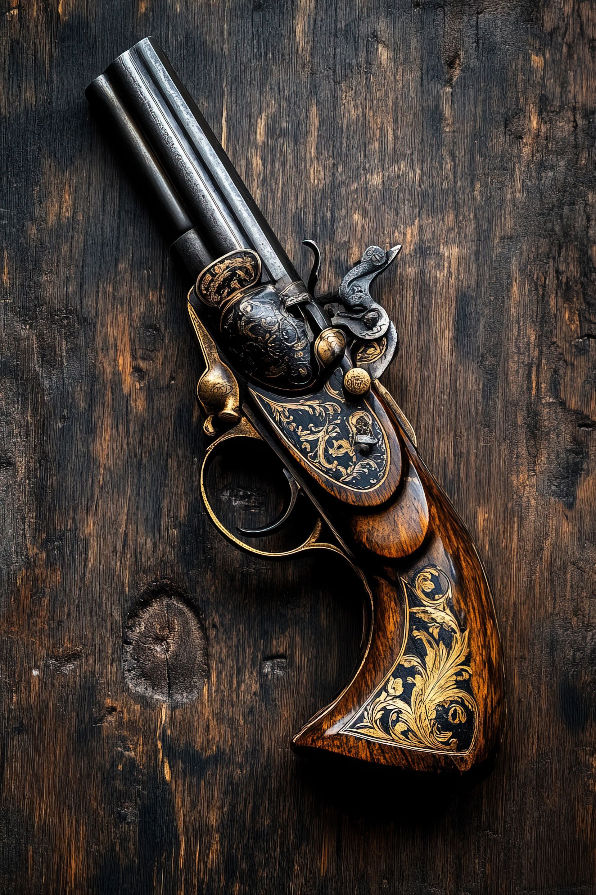An antique firearm is on a wooden table