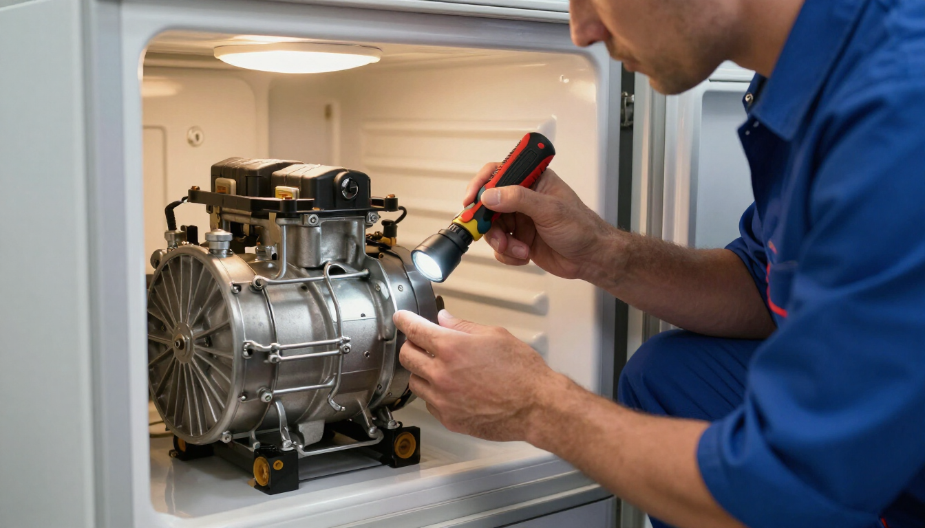 Técnico profesional revisando el compresor de un refrigerador moderno.