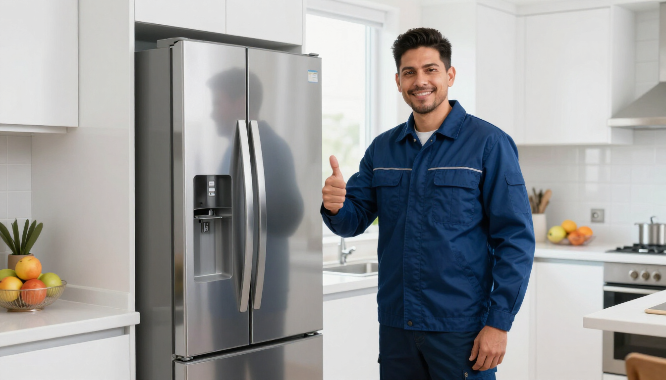 Técnico sonriente después de reparar un refrigerador