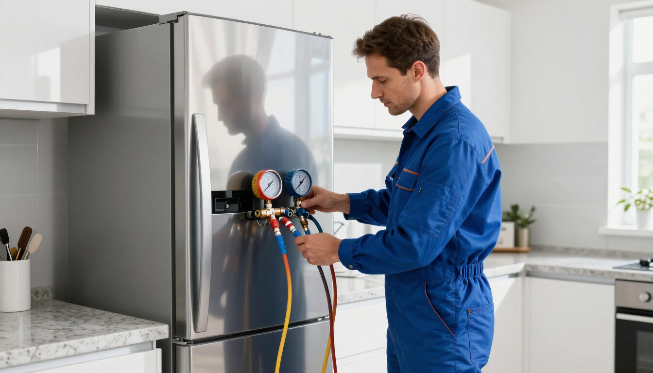 Técnico realizando carga de gas a un refrigerador en Guadalajara