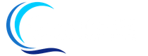 Blue and cyan curved wave logo.