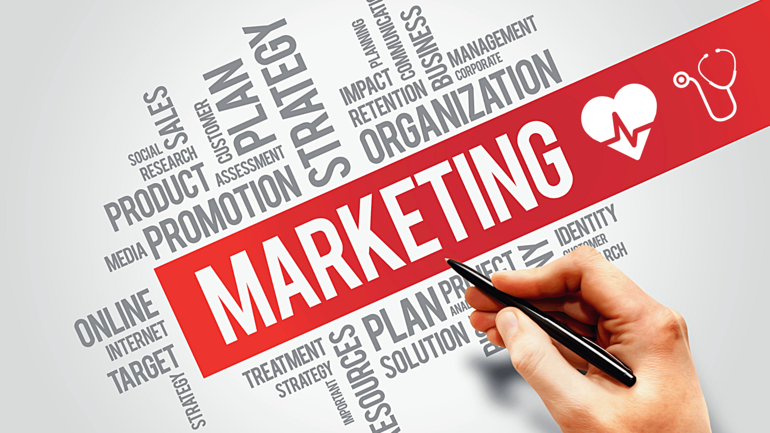 hand writing marketing terms with healthcare icons