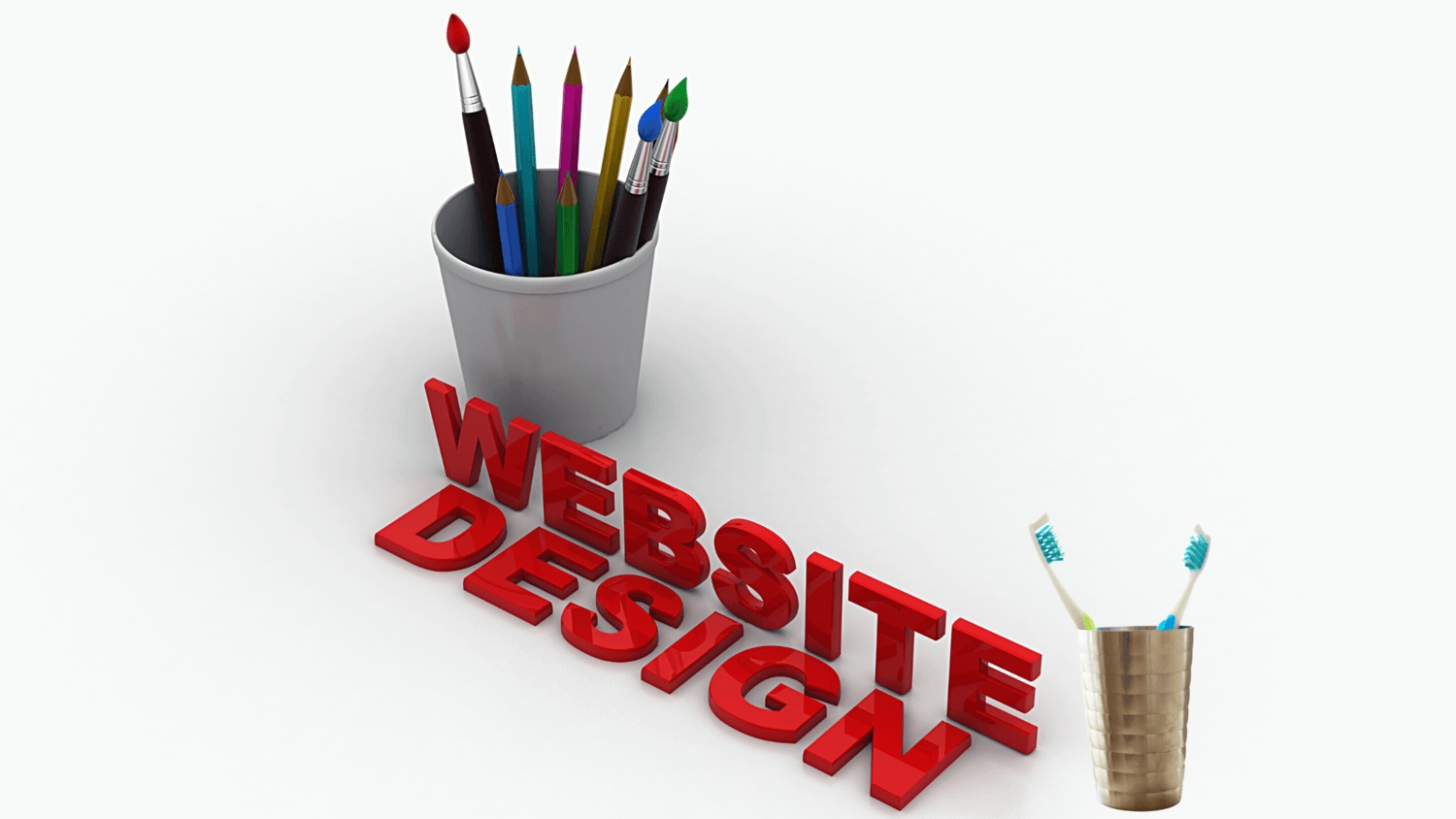 Words Website Design between cup of art utensils and cup of toothbrushes