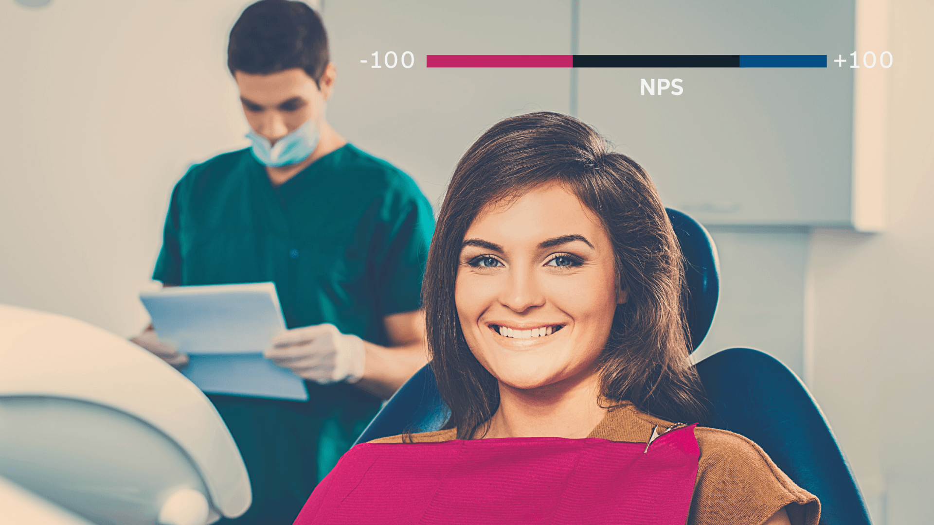 Happy dental patient with a patient experience gage above her.