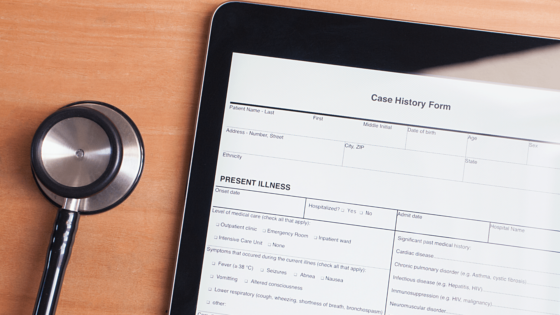 Digital form for health history with stethoscope next to it