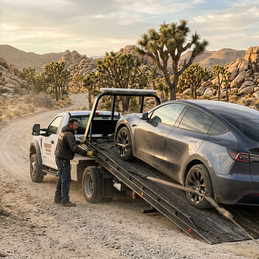 Tesla Model Y loaded onto a flatbed tow truck on a remote road near Joshua Tree, California.