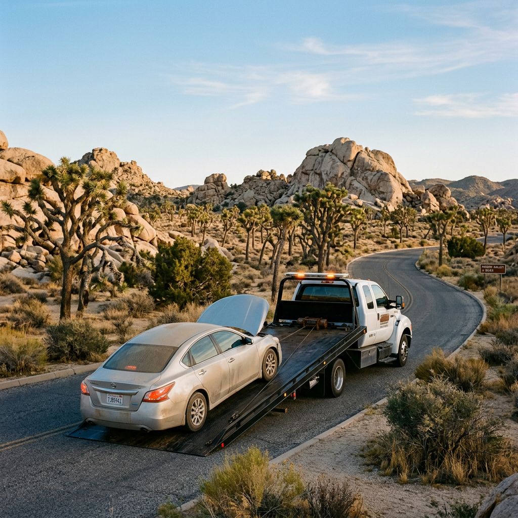 Flatbed tow truck loading a disabled sedan on a remote road inside Joshua Tree National Park