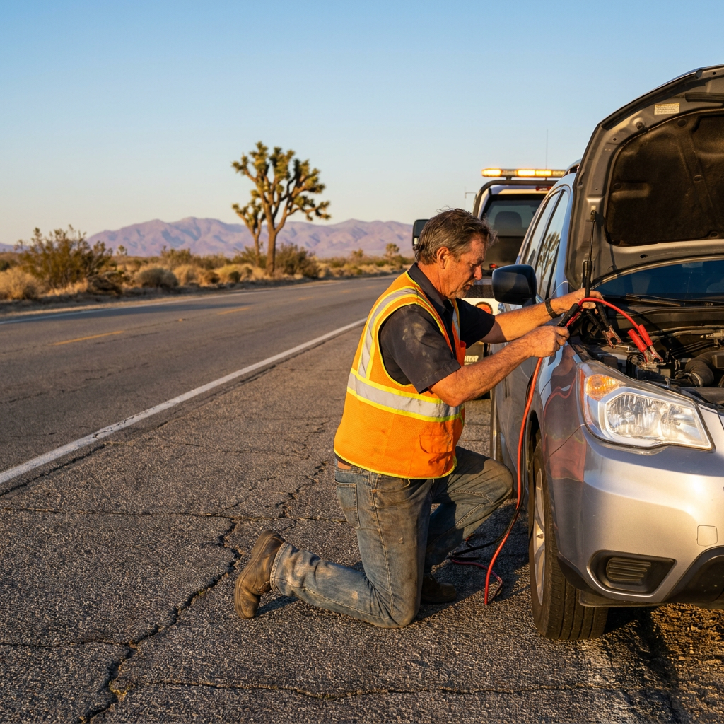 Roadside assistance technician jump starting stranded SUV on Highway 62 near Twentynine Palms CA