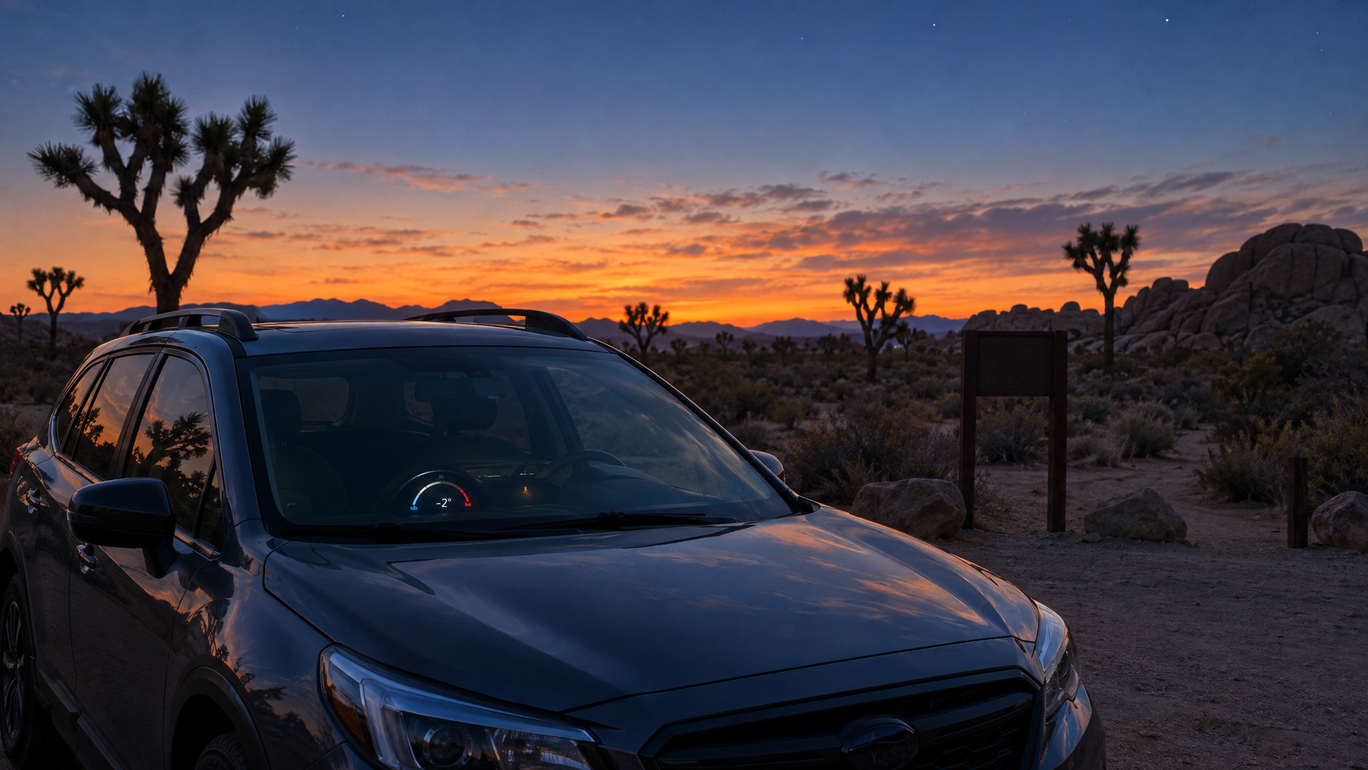 A car at a Joshua Tree trailhead at dusk as temperatures begin dropping for the night