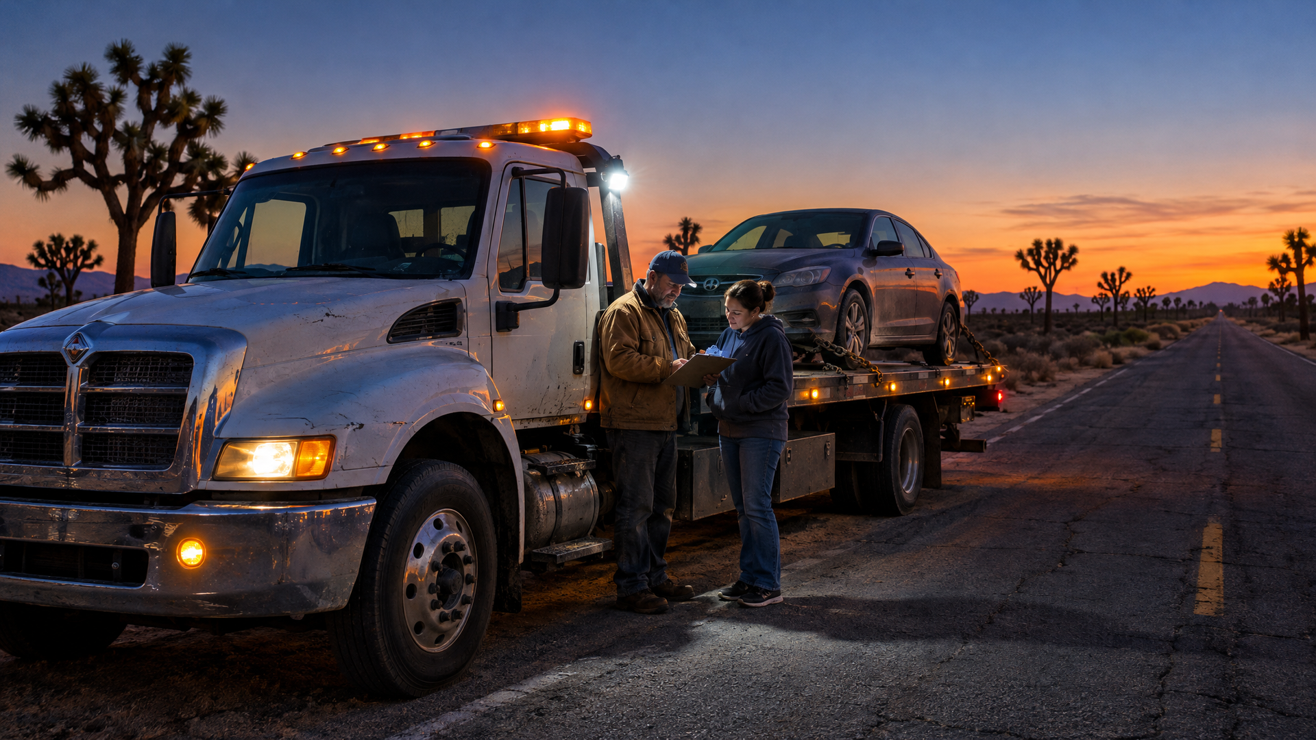 A flatbed tow truck on a desert highway at dusk with a driver and customer reviewing paperwork