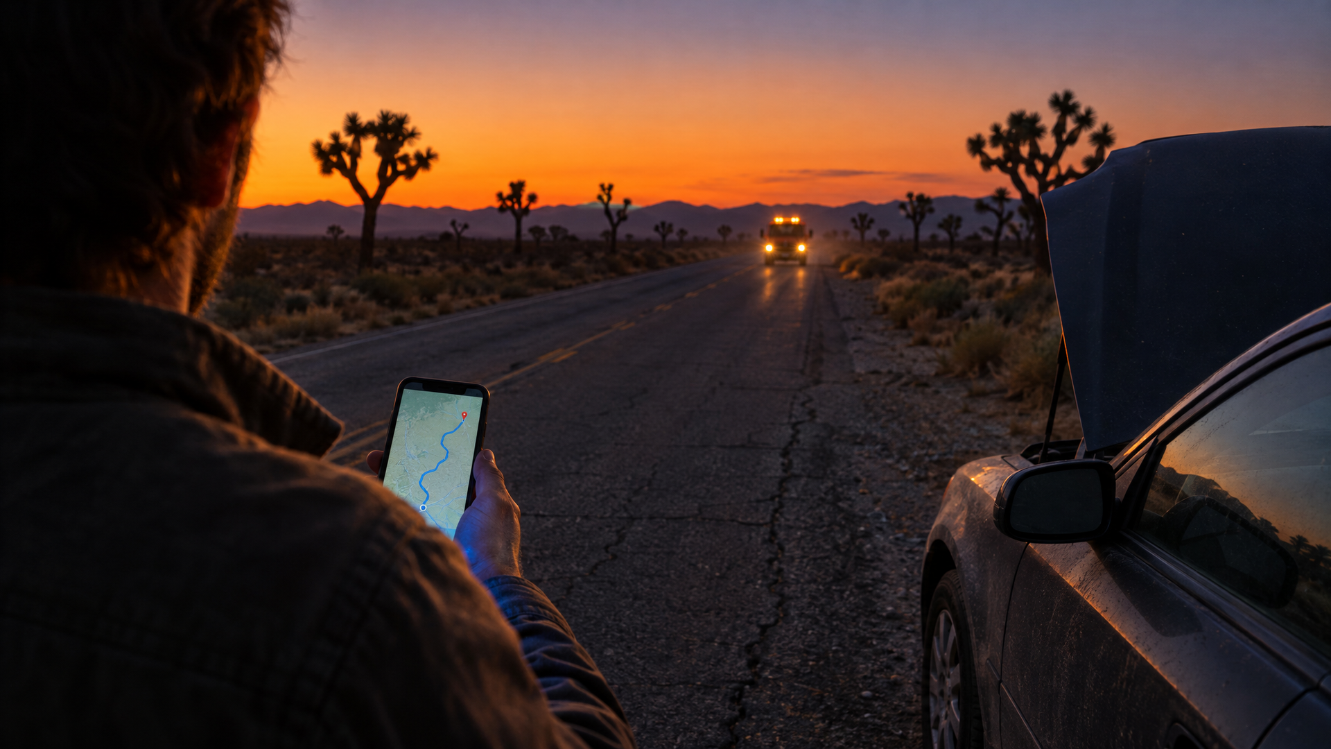 A driver beside a stalled car at dusk checking a map on a phone as a tow truck approaches